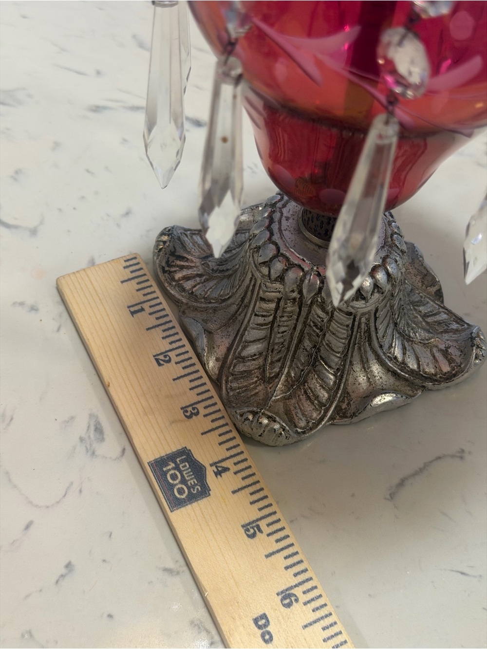 Vintage Pair GIM Cranberry Glass Hurricane Candle Lamps Crystal Prisms Boudoir - Picture 11 of 16